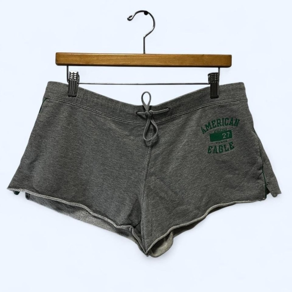 Y2K Heather gray mini sweat shorts with green accents and pocket on back